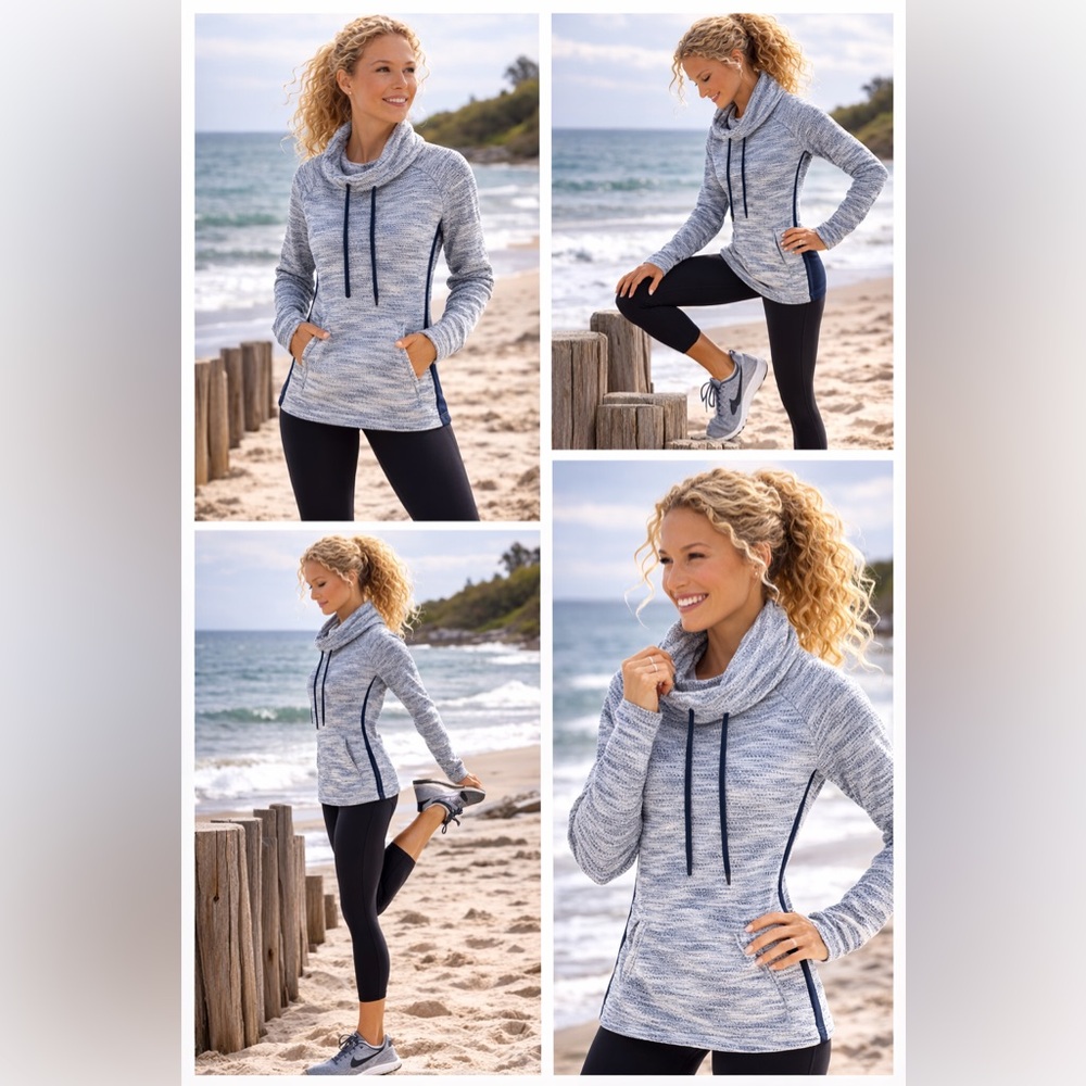NWOT T BY TALBOTS Blue White Funnel Neck Active Pullover Size Small Athleisure
